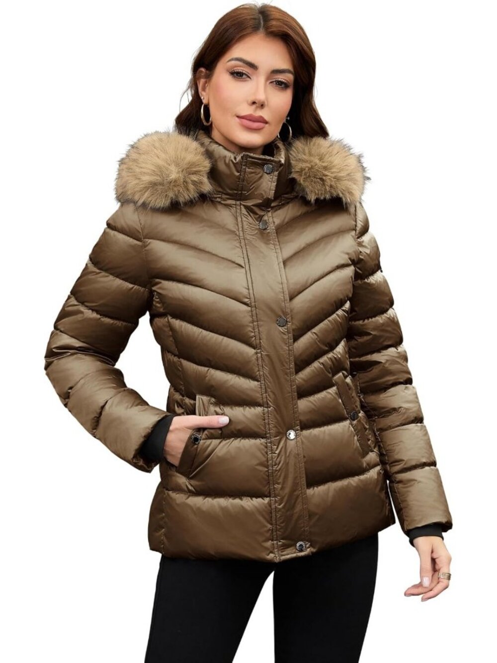 Shiny Puffer Coat with Detachable Faux Fur Collar & Hood - Women's Winter Jacket